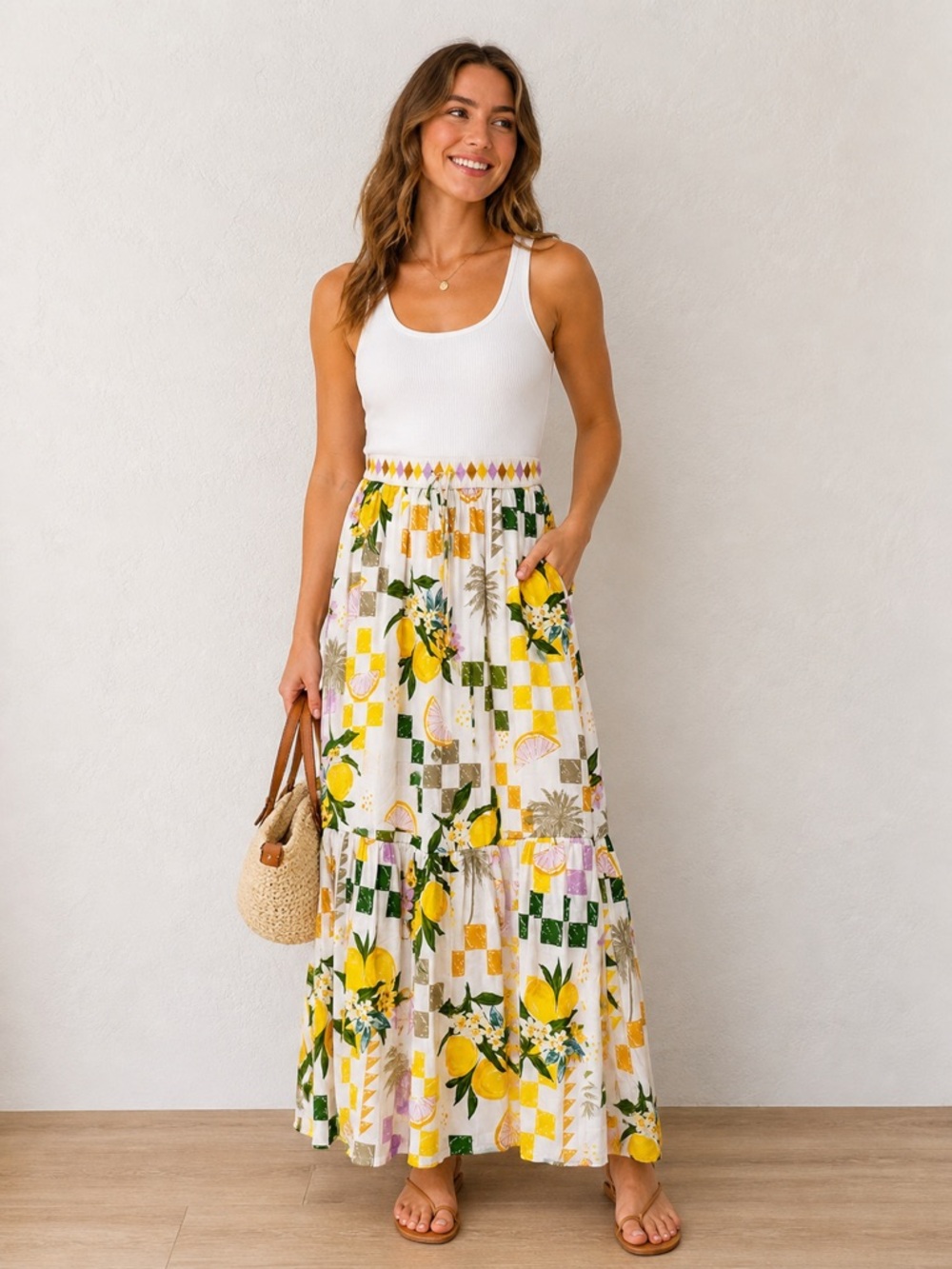 Rachel Zoe Lemon Print Tiered Maxi Skirt Small | Lined | Bohemian Summer New!
